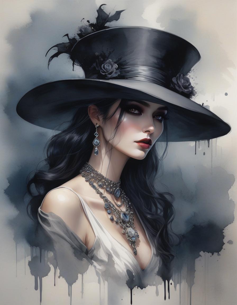  macabre style painting of a woman wearing a hat with a necklace, exquisite digital illustration, elegante pintura digital, linda pintura de persona gem, beautiful digital illustration, estilo de pintura digital, linda pintura digital, linda arte digital, no estilo aquarela, pintura linda, no art style by bowater, a beautiful art illustration, no estilo de aquarela digital, with ink blots and paint running down the screen . dark, gothic, grim, haunting, highly detailed hyperrealistic, full body, detailed clothing, highly detailed, cinematic lighting, stunningly beautiful, intricate, sharp focus, f/1. 8, 85mm, (centered image composition), (professionally color graded), ((bright soft diffused light)), volumetric fog, trending on instagram, trending on tumblr, HDR 4K, 8K