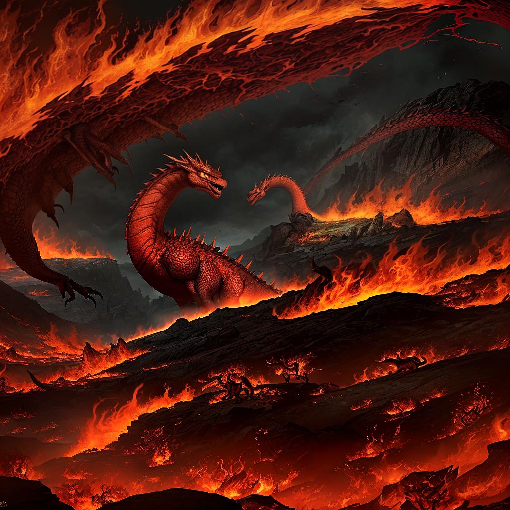  masterpiece, best quality, In the heart of a desolate wasteland, a ferocious dragon unleashes its fiery breath. The flames, a blazing mix of red and orange, engulf the barren landscape, turning everything in its path to ash. The dragon's scales shimmer with a metallic sheen as it dominates the scene with its imposing presence. The atmosphere is filled with a sense of danger and destruction, coupled with a hint of awe at the sheer power of the dragon. The style is a hyper-realistic digital artwork, showcasing intricate details and textures. The lighting is intense, with the flames casting dynamic shadows and illuminating the surroundings with a warm, fiery glow. The realization is achieved through a combination of digital painting techniques