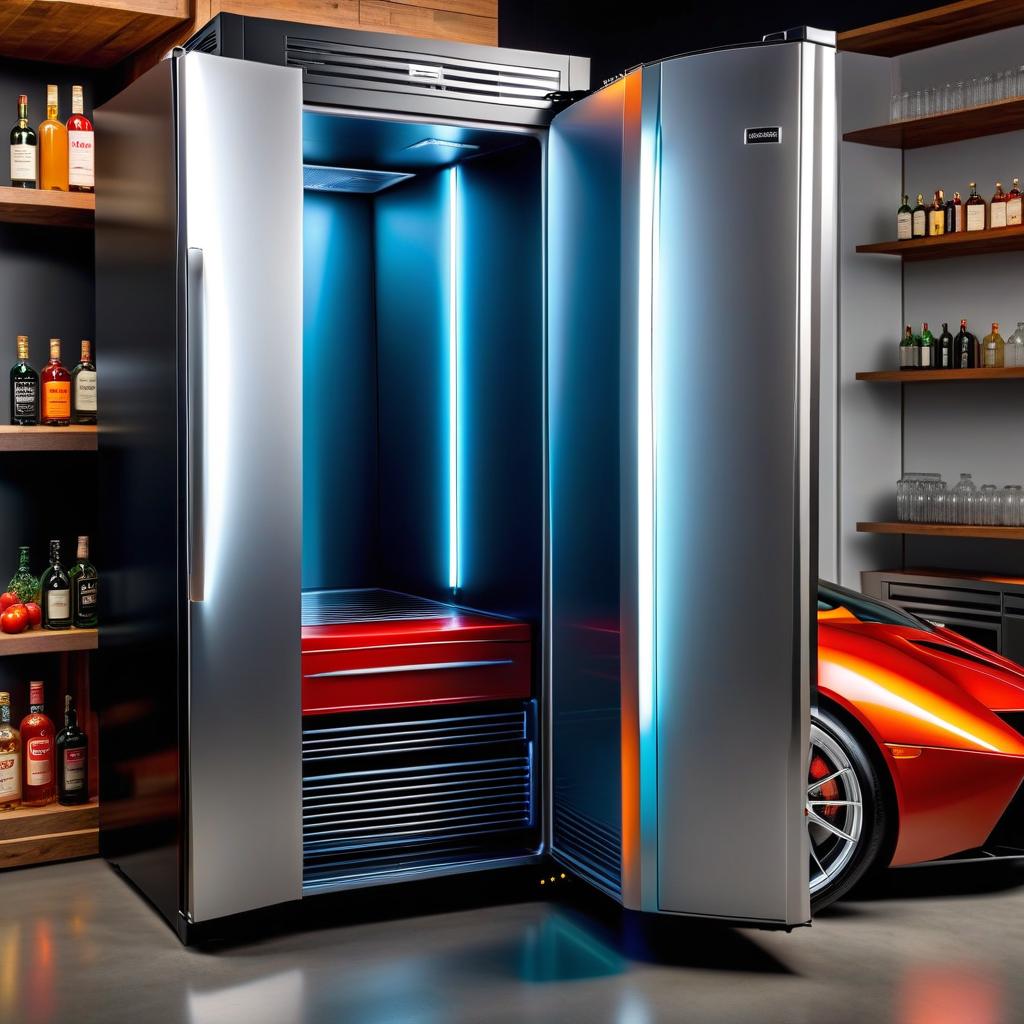  hyperrealistic art Hybrid refrigerator and supercar . extremely high resolution details, photographic, realism pushed to extreme, fine texture, incredibly lifelike hyperrealistic, full body, detailed clothing, highly detailed, cinematic lighting, stunningly beautiful, intricate, sharp focus, f/1. 8, 85mm, (centered image composition), (professionally color graded), ((bright soft diffused light)), volumetric fog, trending on instagram, trending on tumblr, HDR 4K, 8K