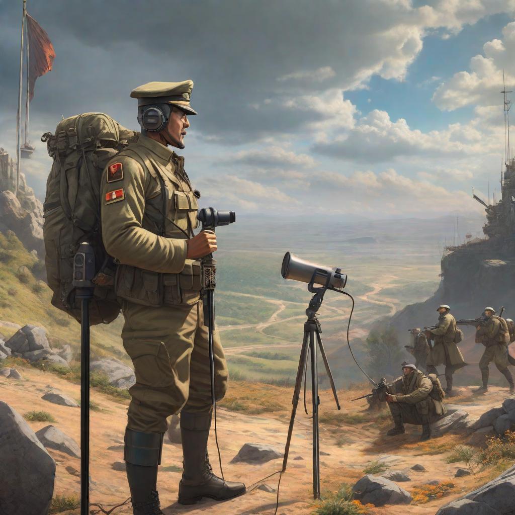  A broadcaster holds a microphone on a battlefield., anime concept art by Hayao Miyazaki, featured on pixiv, fantasy art, concept art, official art, high detailed hyperrealistic, full body, detailed clothing, highly detailed, cinematic lighting, stunningly beautiful, intricate, sharp focus, f/1. 8, 85mm, (centered image composition), (professionally color graded), ((bright soft diffused light)), volumetric fog, trending on instagram, trending on tumblr, HDR 4K, 8K