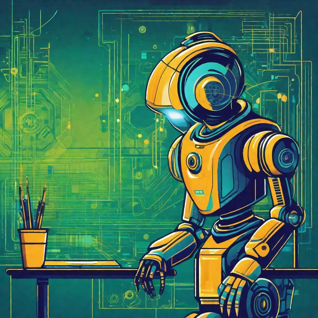  masterpiece, best quality,Design a graphic poster with crayon: background design: late night blue and technology green gradient color, meaning deep technology future. Core image design: shows a young technology innovator, in a futuristic laboratory, controlling a robot through the high-speed network provided by Unicom. The robot screen shows "Innovation without boundaries".