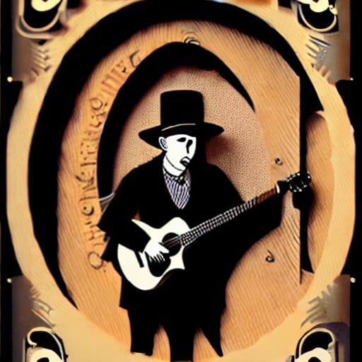 mdjrny-pprct a vaudeville concert poster for a male folk singer wearing an old brown stetson hat. He is playing a grand auditorium mahogany guitar. He is singing loudly.