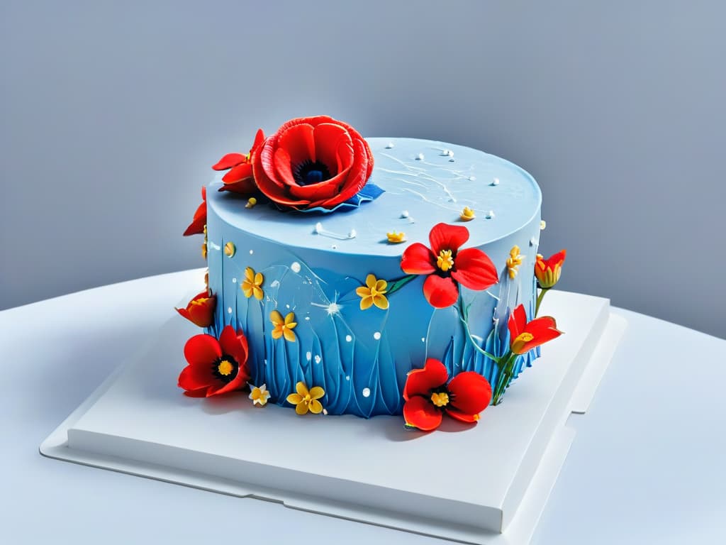  A photorealistic image of a beautifully decorated cake with intricate piping details, vibrant colors, and edible flowers cascading down the side. The cake is displayed on a sleek marble countertop, with soft natural lighting highlighting its textures and craftsmanship. The background is blurred to keep the focus on the stunning cake, showcasing the latest trends in pastry design influenced by social media platforms like Instagram. hyperrealistic, full body, detailed clothing, highly detailed, cinematic lighting, stunningly beautiful, intricate, sharp focus, f/1. 8, 85mm, (centered image composition), (professionally color graded), ((bright soft diffused light)), volumetric fog, trending on instagram, trending on tumblr, HDR 4K, 8K