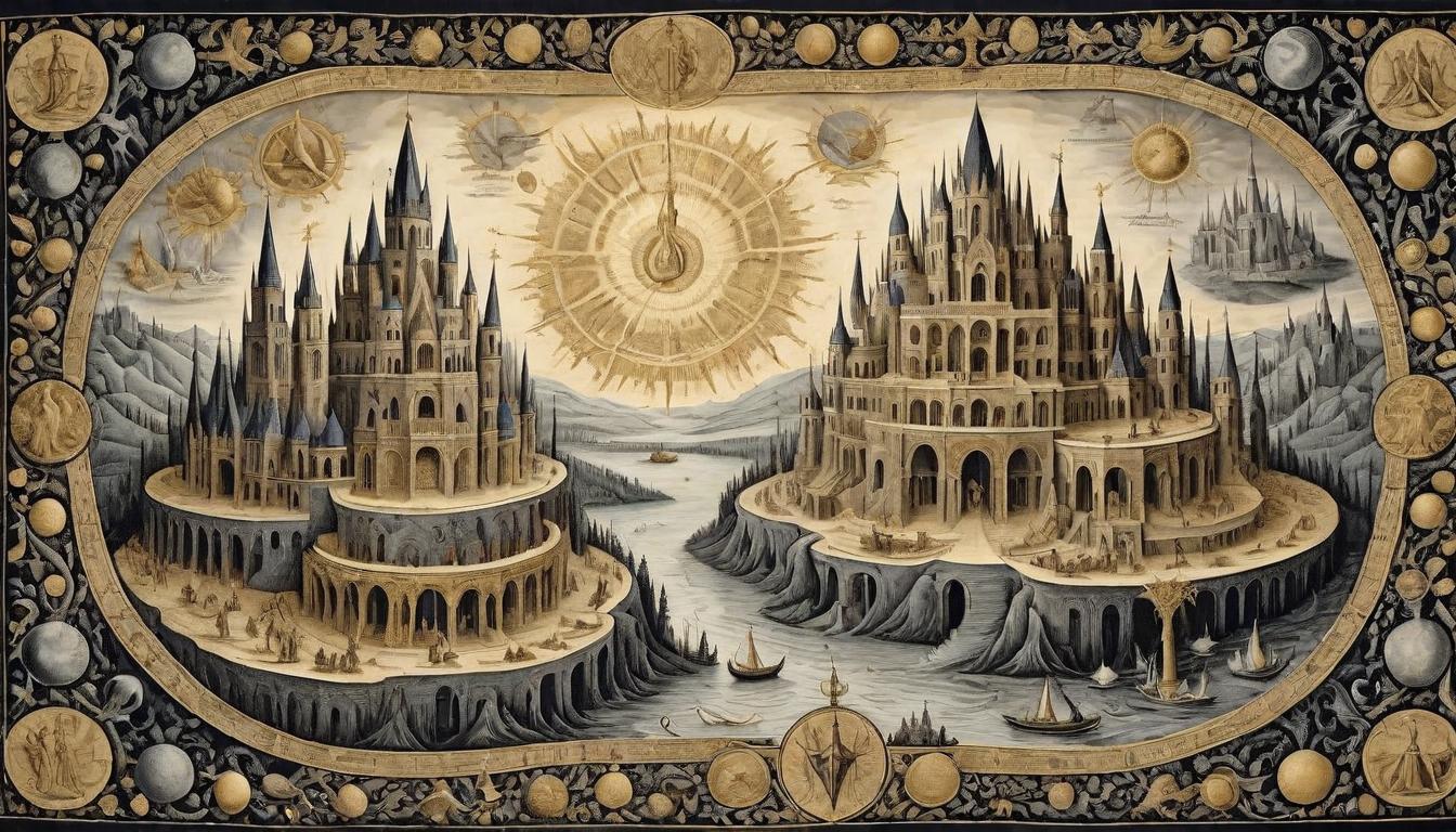  on parchment, surrealism+++, Interwoven threads of gold and silver form a tapestry depicting the triumph of light over darkness, an architectonic marvel, intricate details, symbolic victory, harmony(mysterious, provocative, symbolic,muted color)+++