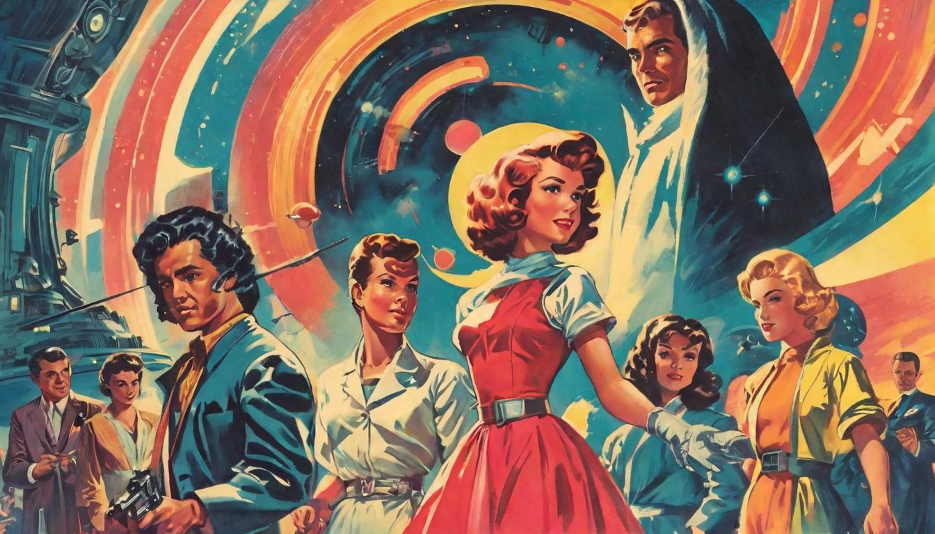  retro futuristic Group of diverse people, connected by light, joining hands, sense of unity, glowing bonds lvintage sci fi, 50s and 60s style, atomic age, vibrant, highly detailed