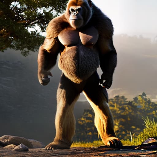 redshift style Gorilla hyperrealistic, full body, detailed clothing, highly detailed, cinematic lighting, stunningly beautiful, intricate, sharp focus, f/1. 8, 85mm, (centered image composition), (professionally color graded), ((bright soft diffused light)), volumetric fog, trending on instagram, trending on tumblr, HDR 4K, 8K