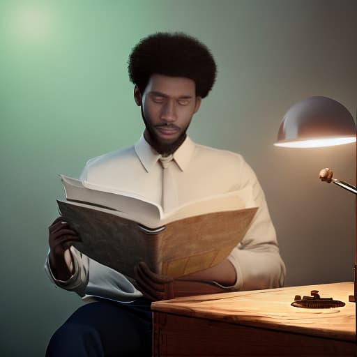 redshift style handsome man with afro reading and studying in a  room at night with stars and planets in the sky, fireflies, treble clef, bass clef, ultrarealistic detailed vivid colors
