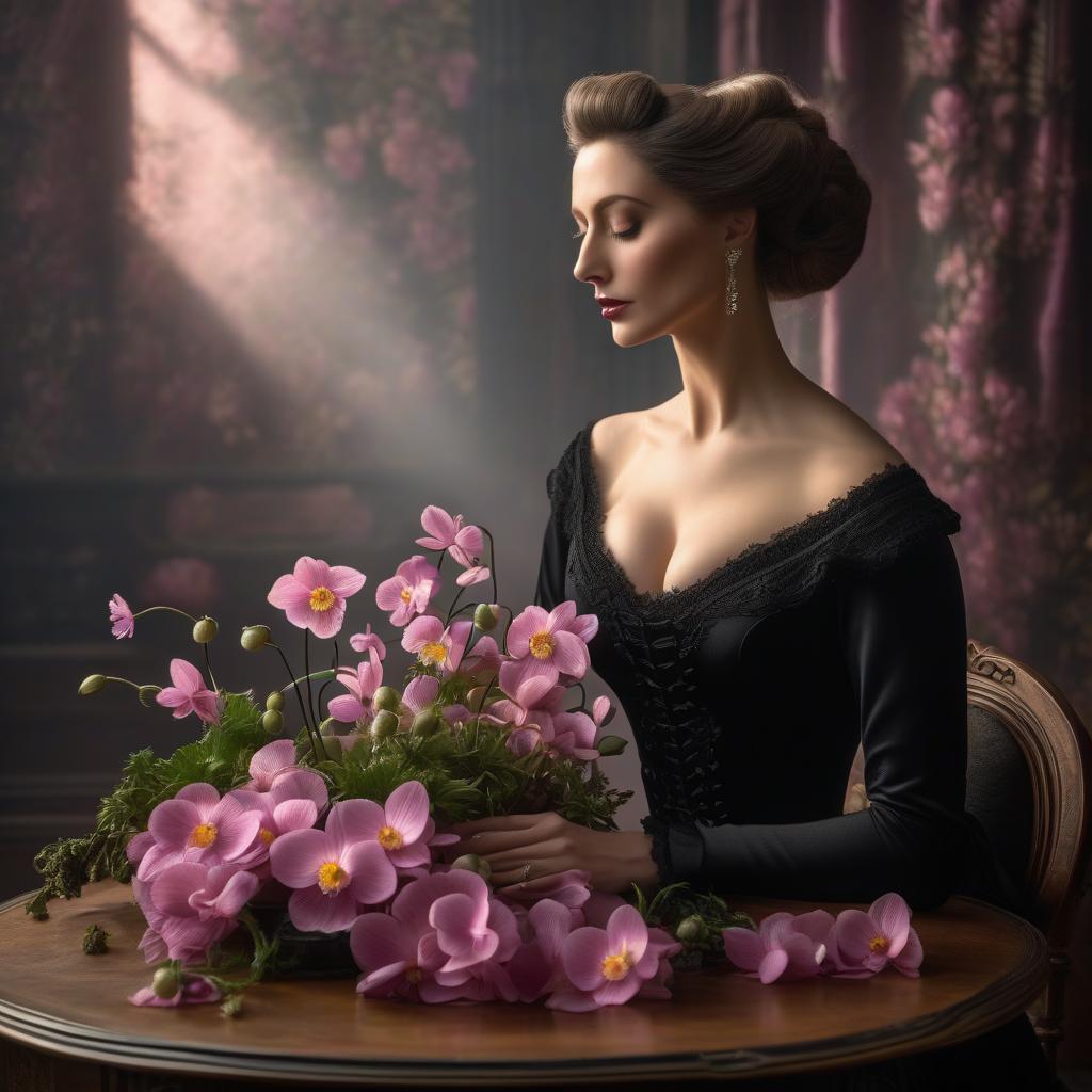  Victorian beauty in mourning wearing a black dress with a bunch of anemones in the 1870s, a vase of pink orchids on the table. hyperrealistic, full body, detailed clothing, highly detailed, cinematic lighting, stunningly beautiful, intricate, sharp focus, f/1. 8, 85mm, (centered image composition), (professionally color graded), ((bright soft diffused light)), volumetric fog, trending on instagram, trending on tumblr, HDR 4K, 8K