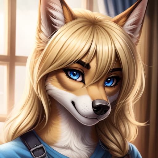  Anthro, Female, German Shepard, blue eyes, blond hair, open eyes, digital art, masterpiece, 4k, fine details,