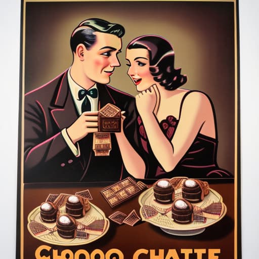  Vintage 1930’s chocolate advertising posters with a romantic couple. Foreground, pieces of fine dark chocolate in candy cups