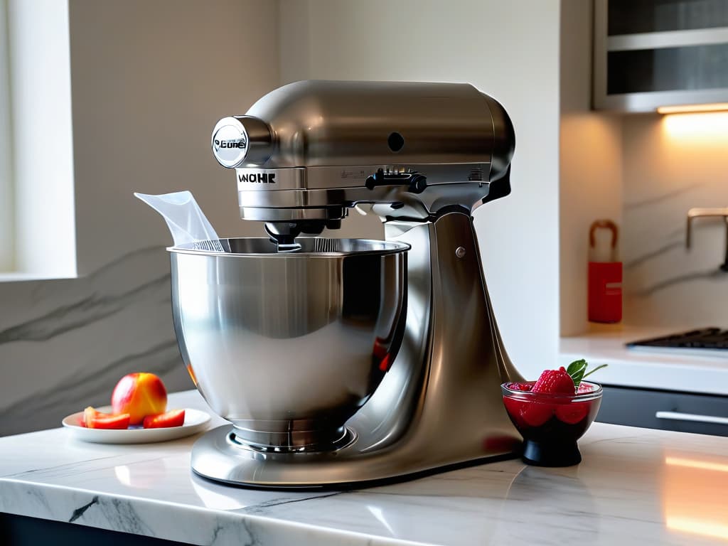  A photorealistic image of a pristine, sleek stand mixer in a bright, modern kitchen setting. The mixer, with a polished stainless steel finish, is illuminated by the soft glow of undercabinet lighting, casting a subtle reflection on the marble countertop. The vibrant red power switch stands out against the metallic backdrop, while the attachment hub glistens, ready to showcase various accessories. The setting exudes a sense of professional elegance and culinary inspiration, perfectly complementing the tone of the article. hyperrealistic, full body, detailed clothing, highly detailed, cinematic lighting, stunningly beautiful, intricate, sharp focus, f/1. 8, 85mm, (centered image composition), (professionally color graded), ((bright soft diffused light)), volumetric fog, trending on instagram, trending on tumblr, HDR 4K, 8K