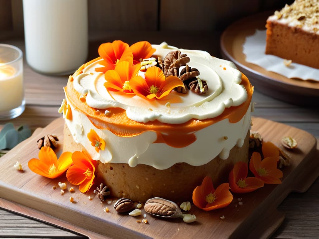  A closeup shot of a freshly baked carrot and walnut cake resting on a rustic wooden table, with vibrant orange carrot shavings sprinkled on top and a handful of chopped walnuts scattered around. The cake is beautifully decorated with swirls of cream cheese frosting and delicate edible flowers, exuding a sense of elegance and homemade charm. The warm natural lighting highlights the textures of the moist cake, inviting viewers to indulge in its rich flavors and embodying the essence of springtime delight. hyperrealistic, full body, detailed clothing, highly detailed, cinematic lighting, stunningly beautiful, intricate, sharp focus, f/1. 8, 85mm, (centered image composition), (professionally color graded), ((bright soft diffused light)), volumetric fog, trending on instagram, trending on tumblr, HDR 4K, 8K