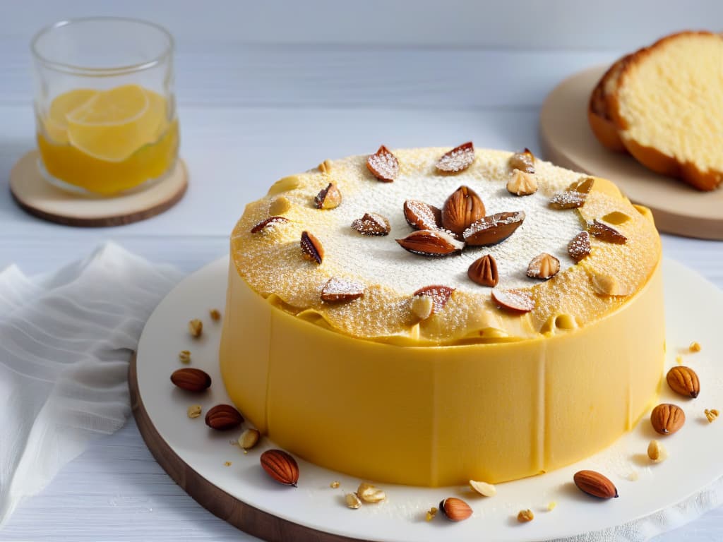  An intricate closeup shot of a freshly baked Hareeseh dessert, showcasing the goldenbrown crust of semolina and almond, with a sprinkle of crushed nuts on top glistening under soft, natural light. The texture of the dessert is visible, highlighting the delicate layers of semolina and almond, inviting the viewer to indulge in its rich flavors. hyperrealistic, full body, detailed clothing, highly detailed, cinematic lighting, stunningly beautiful, intricate, sharp focus, f/1. 8, 85mm, (centered image composition), (professionally color graded), ((bright soft diffused light)), volumetric fog, trending on instagram, trending on tumblr, HDR 4K, 8K