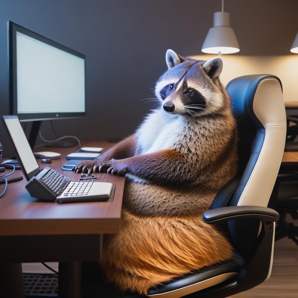  raccoon sitting in gaming chair front a computer on desktop, ((semi anthropomorphic)),(full body), tail, belly, sitting, fat, (chubby), (((white background))), solo, desktop, gaming chair, side view,  [[[clothes]]] hyperrealistic, full body, detailed clothing, highly detailed, cinematic lighting, stunningly beautiful, intricate, sharp focus, f/1. 8, 85mm, (centered image composition), (professionally color graded), ((bright soft diffused light)), volumetric fog, trending on instagram, trending on tumblr, HDR 4K, 8K