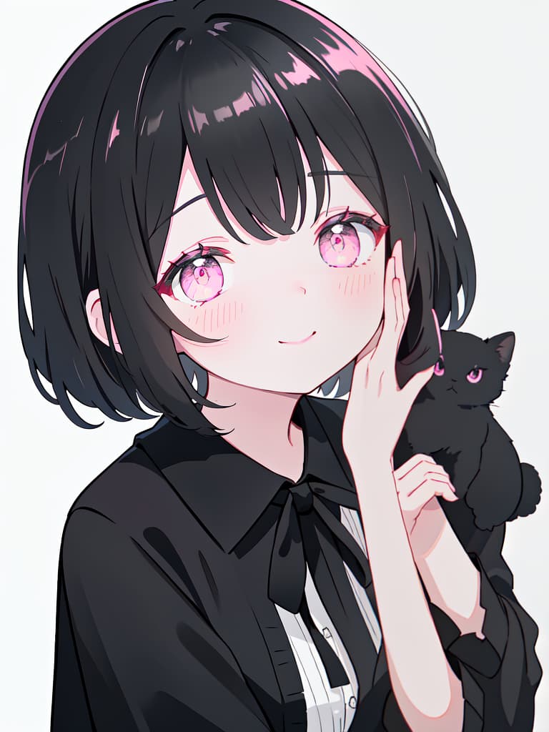  Black medium shorthair、Beautiful woman、She is wearing a black blouse and a pink cardigan、Looking at the camera with her chin on her hands、With a smile、Looking at this、, masterpiece, best quality,8k,ultra detailed,high resolution,an extremely delicate and beautiful,hyper detail