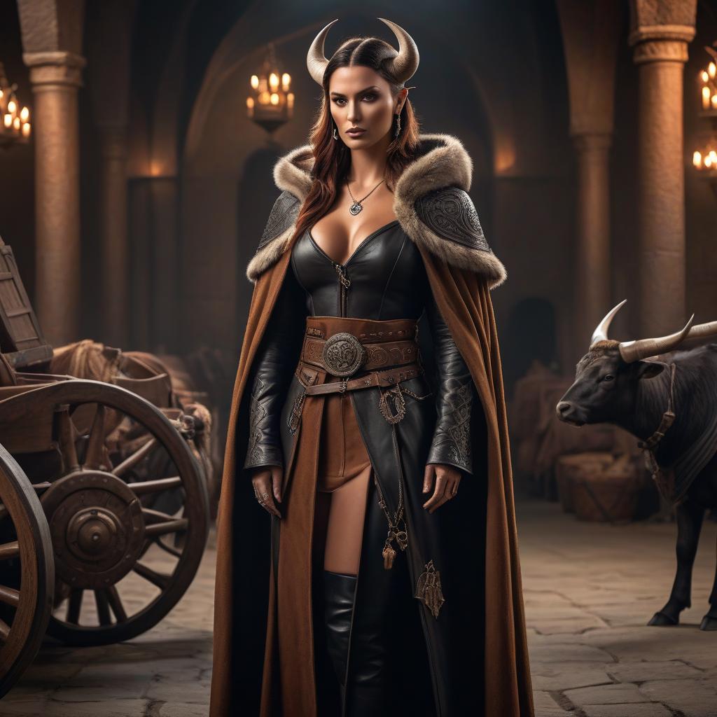  A Tifling woman, horns, medieval clothing, belts, cloak, , cart, tattoos with runes, high level of detail, tanned skin. hyperrealistic, full body, detailed clothing, highly detailed, cinematic lighting, stunningly beautiful, intricate, sharp focus, f/1. 8, 85mm, (centered image composition), (professionally color graded), ((bright soft diffused light)), volumetric fog, trending on instagram, trending on tumblr, HDR 4K, 8K