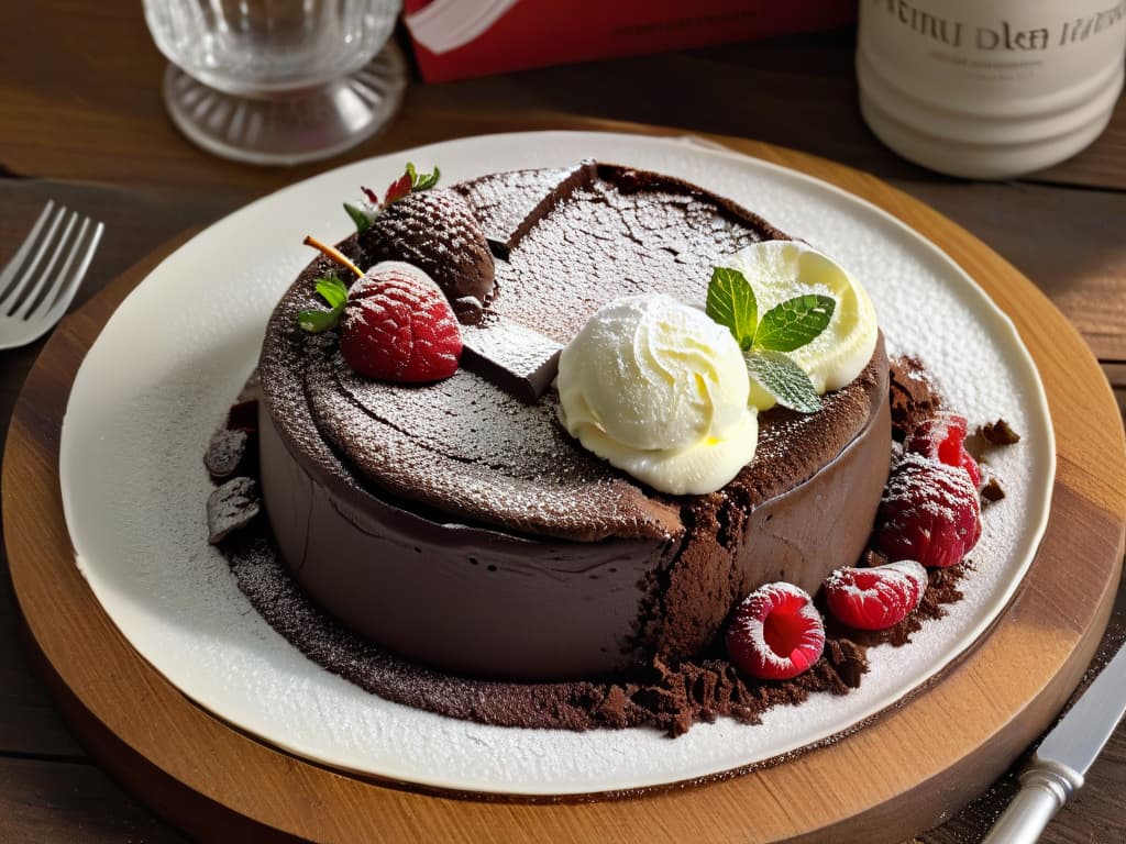  A decadent and beautifully plated glutenfree chocolate lava cake, dusted with powdered sugar and accompanied by a scoop of creamy vanilla ice cream, set against a rustic wooden backdrop with a sprinkling of fresh raspberries and mint leaves for garnish. The warm, gooey center of the cake oozes out invitingly, showcasing its rich and indulgent texture. The soft lighting enhances the glossy sheen of the chocolate and highlights the intricate details of the dessert, creating an irresistibly appetizing and visually stunning image. hyperrealistic, full body, detailed clothing, highly detailed, cinematic lighting, stunningly beautiful, intricate, sharp focus, f/1. 8, 85mm, (centered image composition), (professionally color graded), ((bright soft diffused light)), volumetric fog, trending on instagram, trending on tumblr, HDR 4K, 8K