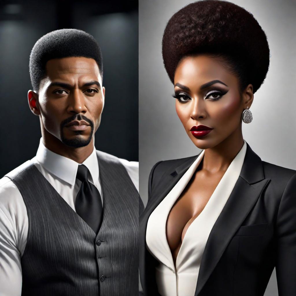  Re-create the image with the person's face in the picture, turning her into an African-American mafia boss. The recreated character should have the exact same face as the woman in the original image. The scene should embody a modern-day Afro-chic Mafioso style, highlighting her as a powerful and stylish crime figure. hyperrealistic, full body, detailed clothing, highly detailed, cinematic lighting, stunningly beautiful, intricate, sharp focus, f/1. 8, 85mm, (centered image composition), (professionally color graded), ((bright soft diffused light)), volumetric fog, trending on instagram, trending on tumblr, HDR 4K, 8K