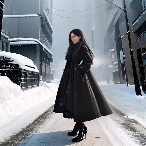  A woman with long hair and a black jacket is looking at the camera. Apply the Following Styles Anime hyperrealistic, full body, detailed clothing, highly detailed, cinematic lighting, stunningly beautiful, intricate, sharp focus, f/1. 8, 85mm, (centered image composition), (professionally color graded), ((bright soft diffused light)), volumetric fog, trending on instagram, trending on tumblr, HDR 4K, 8K