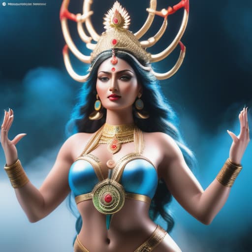  goddess duga maa 10 arms hyperrealistic, full body, detailed clothing, highly detailed, cinematic lighting, stunningly beautiful, intricate, sharp focus, f/1. 8, 85mm, (centered image composition), (professionally color graded), ((bright soft diffused light)), volumetric fog, trending on instagram, trending on tumblr, HDR 4K, 8K