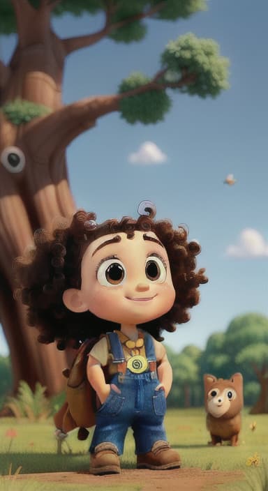  {Riley looking up at the tree with a big smile, animals surrounding them., Riley, a curious with big brown eyes and curly hair, wearing overalls and carrying a small backpack. Their friend, Skye, a bluebird with shiny feathers.