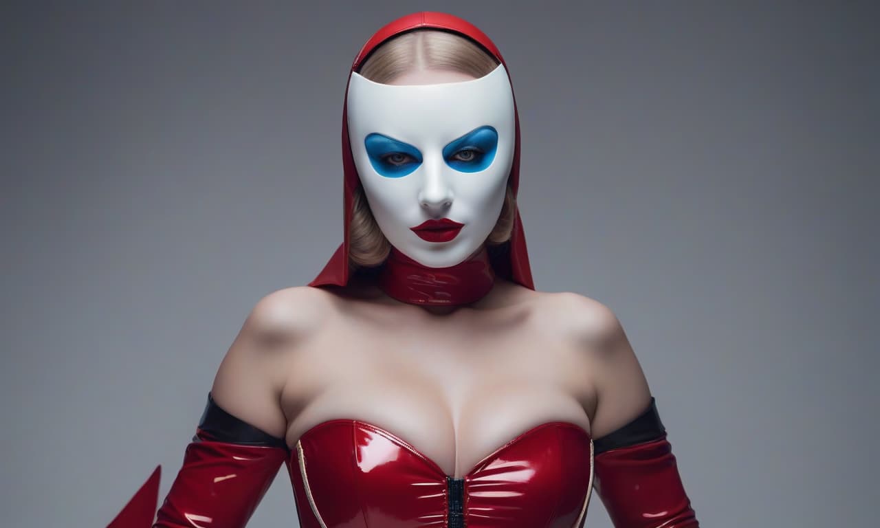  cinematic film still A strict nun, full grown, pale skin, brightly painted eyes, chubby lips, in a shiny red latex costume tightly hugging her body. A tightly fitting white mask covers her entire head and face. The mask tightly fits the entire face. White gloves on her hands. White boots with a high heel, a red corset, (dark shot: 1.17), epic realism, gray, ((neutral colors)), artistic, (hdr: 1.5), (muted colors: 1.2), with increased detailing, (artstation: 1.5), cinematic, warm light, dramatic light, (complex details: 1.1), complex background, (Rutkovsky: 0.8), (blue and orange: 0.4), Detailing, ((complex details, highly detailed)). . shallow depth of field, vignette, highly detailed, high budget, bokeh, cinemascope, moody, epic, gorgeous hyperrealistic, full body, detailed clothing, highly detailed, cinematic lighting, stunningly beautiful, intricate, sharp focus, f/1. 8, 85mm, (centered image composition), (professionally color graded), ((bright soft diffused light)), volumetric fog, trending on instagram, trending on tumblr, HDR 4K, 8K