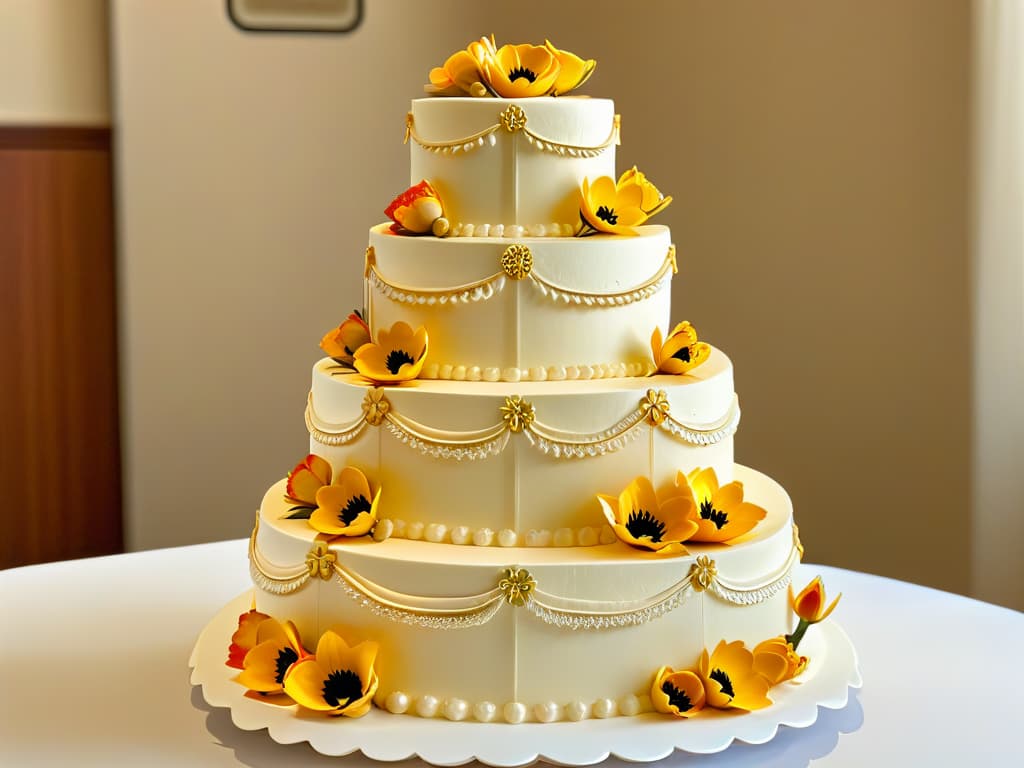  An ultradetailed closeup image of a glossy, intricately decorated threetiered wedding cake, featuring delicate sugar flowers, lace piping, and shimmering edible gold accents, set against a soft, blurred background to emphasize the exquisite detailing and craftsmanship. hyperrealistic, full body, detailed clothing, highly detailed, cinematic lighting, stunningly beautiful, intricate, sharp focus, f/1. 8, 85mm, (centered image composition), (professionally color graded), ((bright soft diffused light)), volumetric fog, trending on instagram, trending on tumblr, HDR 4K, 8K