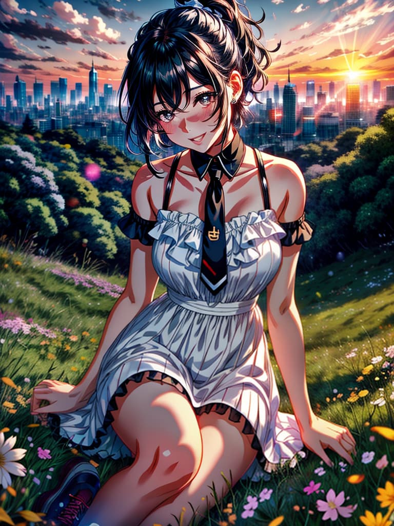  multiple s,,short hair,long hair,hair over shoulder, hair,black hair,,,day,sunset,in a meadow, white hair,ponytail,twintails,drill hair,blush,smile,open mouth,grin,nose blush,dress,sleeveless dress,short dress,ta fashion,off shoulder dress,pleated dress,thighhighs,,white thighhighs,socks removed,full body,Cute background, extremely delicate touch, hard light, studio light, light, speckled light, reflection, shadow, ray tracing, , white short hair, full body, sky, clouds, flowers, gl shoes, clover, sitting hyperrealistic, full body, detailed clothing, highly detailed, cinematic lighting, stunningly beautiful, intricate, sharp focus, f/1. 8, 85mm, (centered image composition), (professionally color graded), ((bright soft diffused light)), volumetric fog, trending on instagram, trending on tumblr, HDR 4K, 8K