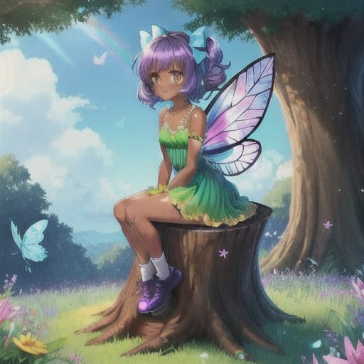  Brown skinned,  brown  eye, blue Afro hair,  cartoon fairy girl with green leaf dress, purple wings and purple slip on shoes, silver sparkle bow in hair sitting in a field os flowers on a tree stump stool surrounded by butterflies, rainbow in basckground