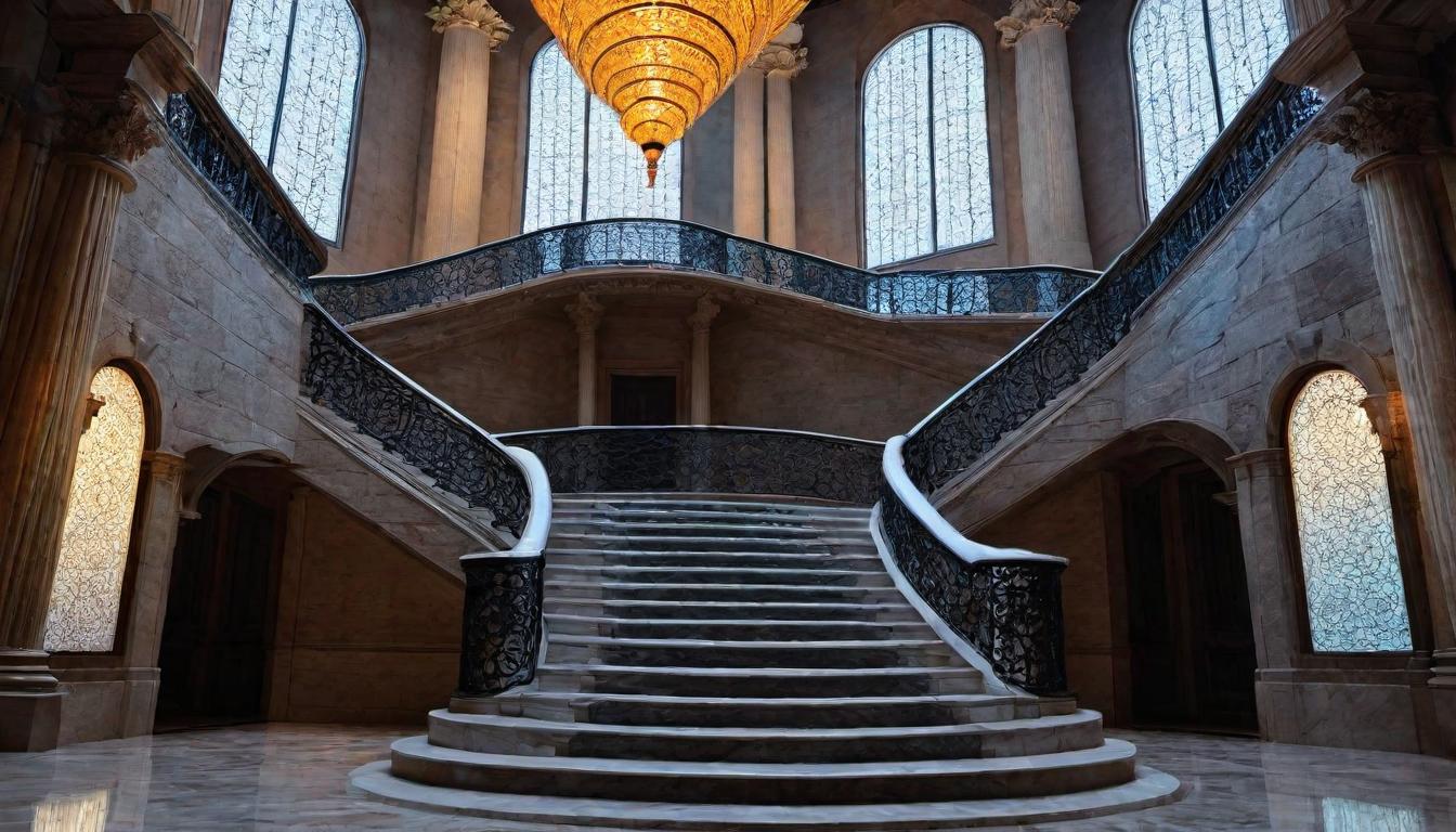  （surrealism)A grand staircase, bold marble steps, ascending towards a celestial light at the top, ornate railings with intricate patterns, heavenly glow, ethereal atmosphere mystic, intricate details, best quality)