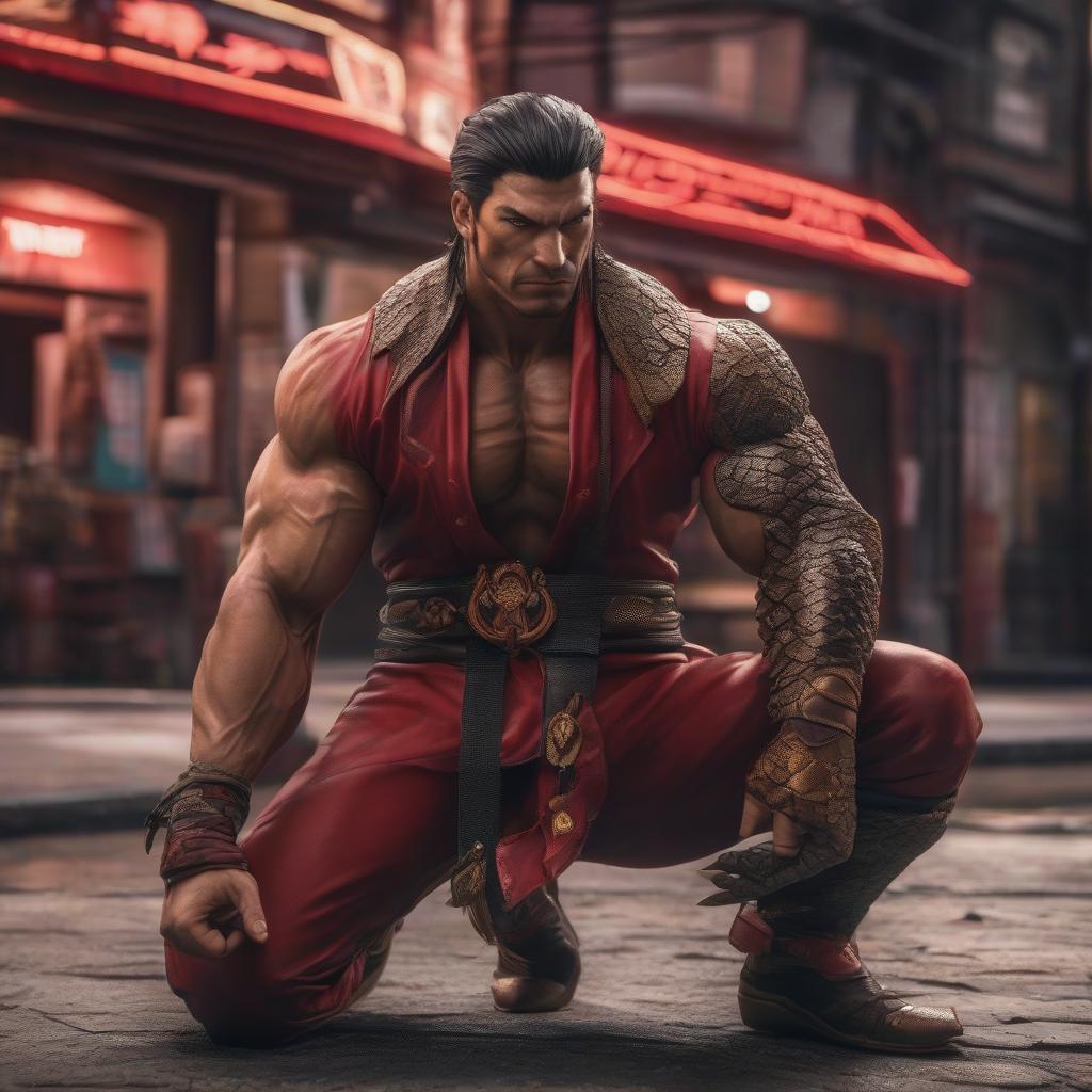  Street Fighter style Humanoid snake. Hidden killer. Brown eyes. Scales black and red colors. On the head, a dirty cap. . vibrant, dynamic, arcade, 2D fighting game, highly detailed, reminiscent of Street Fighter series hyperrealistic, full body, detailed clothing, highly detailed, cinematic lighting, stunningly beautiful, intricate, sharp focus, f/1. 8, 85mm, (centered image composition), (professionally color graded), ((bright soft diffused light)), volumetric fog, trending on instagram, trending on tumblr, HDR 4K, 8K