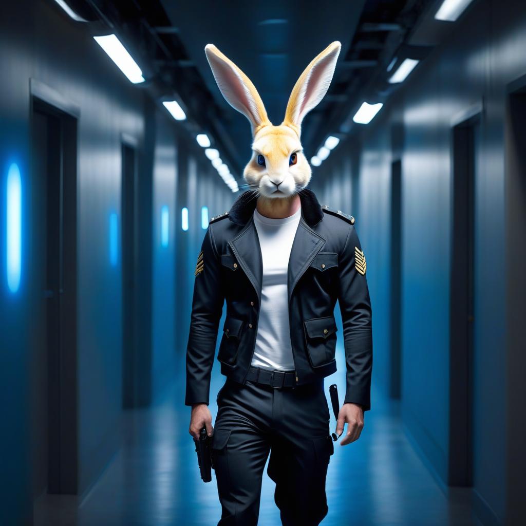  Realistically, a handsome young man blond, with long furry ears like a rabbit on his head, the man has yellow eyes, and he is wearing black military pants walking down a corridor lit by blue spotlights, clear focus, sharp and well defined details, bright and vivid eyes, a beautiful portrait illustration, a portrait in a fantasy style, blue and white flashes, bright colors, bright eyes, fantasy art, intricate design, highly detailed, clear focus, 8k, high resolution, elegant. hyperrealistic, full body, detailed clothing, highly detailed, cinematic lighting, stunningly beautiful, intricate, sharp focus, f/1. 8, 85mm, (centered image composition), (professionally color graded), ((bright soft diffused light)), volumetric fog, trending on instagram, trending on tumblr, HDR 4K, 8K