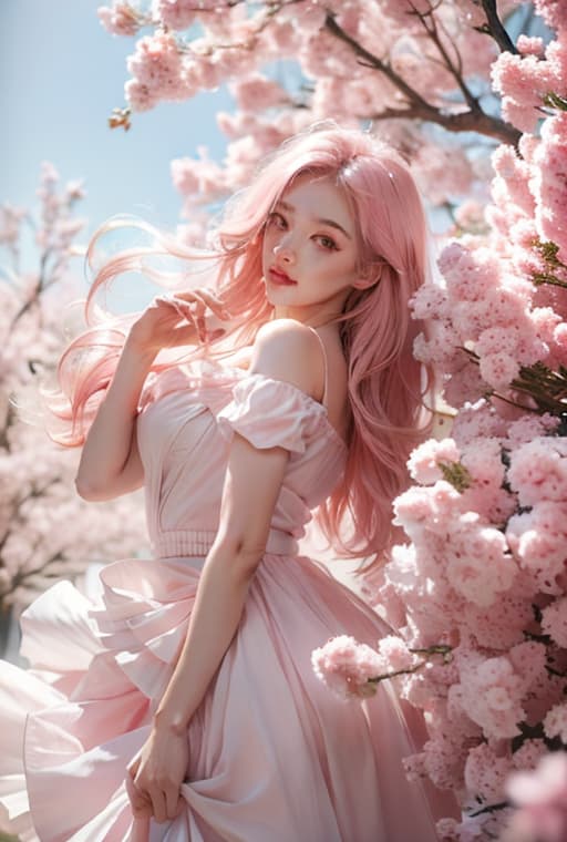  Light pink hair, pink eyes, pink and white, sakura leafs, vivid colors, white dress, paint splash, simple background, ray tracing, wavy hair hyperrealistic, full body, detailed clothing, highly detailed, cinematic lighting, stunningly beautiful, intricate, sharp focus, f/1. 8, 85mm, (centered image composition), (professionally color graded), ((bright soft diffused light)), volumetric fog, trending on instagram, trending on tumblr, HDR 4K, 8K