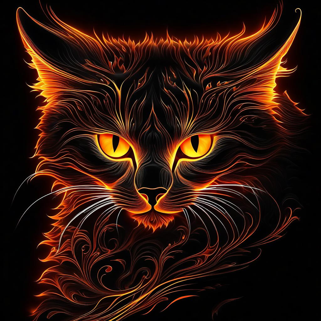  thin, fine fractal glossy vivid fire line ink sketch on the black background, fire contours outlines of a cat silhouette, fire outline hyperrealistic, full body, detailed clothing, highly detailed, cinematic lighting, stunningly beautiful, intricate, sharp focus, f/1. 8, 85mm, (centered image composition), (professionally color graded), ((bright soft diffused light)), volumetric fog, trending on instagram, trending on tumblr, HDR 4K, 8K