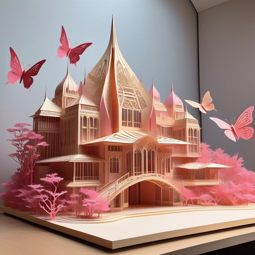  kirigami representation of Futuristic building in the style of Zaha Hadid, large panoramic windows, golden and pink butterflies, desert and sea. . 3D, paper folding, paper cutting, Japanese, intricate, symmetrical, precision, clean lines hyperrealistic, full body, detailed clothing, highly detailed, cinematic lighting, stunningly beautiful, intricate, sharp focus, f/1. 8, 85mm, (centered image composition), (professionally color graded), ((bright soft diffused light)), volumetric fog, trending on instagram, trending on tumblr, HDR 4K, 8K