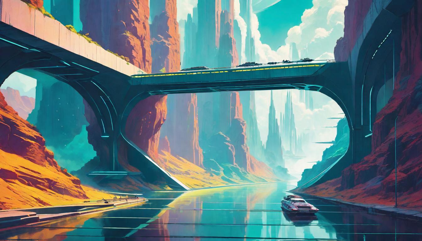  retro futuristic A bridge spanning a chasm, built of stories and shared experiences, connecting isolated souls, Bridging, healing, communal lvintage sci fi, 50s and 60s style, atomic age, vibrant, highly detailed