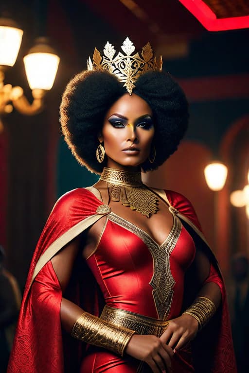  Morrocan Women, Queen super hero stood high, behind her, looking straight, afro hair , black eyes, dark skin, crown Africa hyperrealistic, full body, detailed clothing, highly detailed, cinematic lighting, stunningly beautiful, intricate, sharp focus, f/1. 8, 85mm, (centered image composition), (professionally color graded), ((bright soft diffused light)), volumetric fog, trending on instagram, trending on tumblr, HDR 4K, 8K