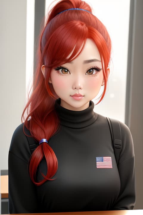  , American ethnicity, Cute face, Ponytail hair, Red hair, Dress, in the Office, 1girl, mature, cute face, model face, medium sized eyes, both eyes are same, colored hair, (centered in frame)+,