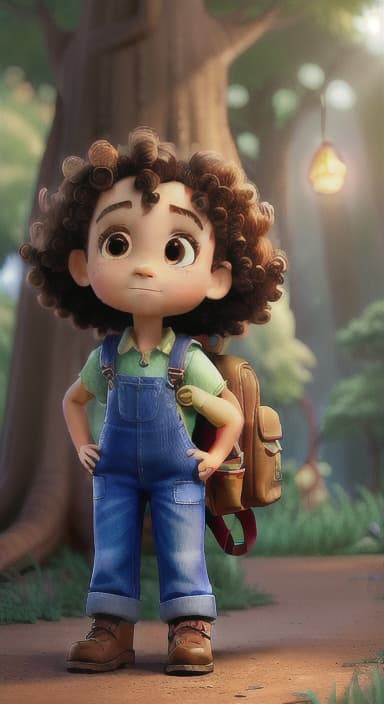  {The tree shining brightly and releasing a gentle, magical light., Riley, a curious with big brown eyes and curly hair, wearing overalls and carrying a small backpack. Their friend, Skye, a bluebird with shiny feathers.