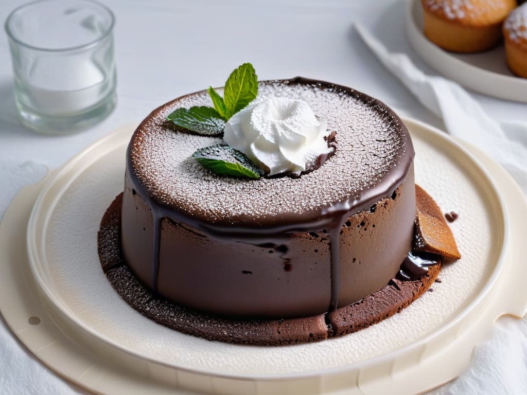  A highresolution, ultradetailed image of a decadent chocolate lava cake on a simple, elegant white plate, garnished with a dusting of powdered sugar and a sprig of fresh mint. The rich, gooey center oozes out invitingly, creating a visually stunning and mouthwatering focal point. The contrast between the dark, glossy cake and the pristine white backdrop enhances the luxurious and professional feel of the dessert. hyperrealistic, full body, detailed clothing, highly detailed, cinematic lighting, stunningly beautiful, intricate, sharp focus, f/1. 8, 85mm, (centered image composition), (professionally color graded), ((bright soft diffused light)), volumetric fog, trending on instagram, trending on tumblr, HDR 4K, 8K