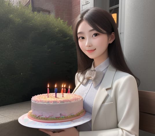  masterpiece, best quality, A beautiful girl hold a birthday cake with candles