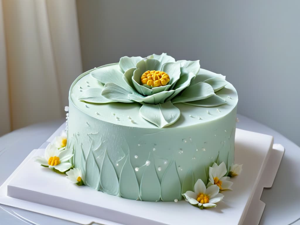  A minimalist, ultradetailed image of a delicate, intricate sugar flower resting gently on a perfectly frosted cake, showcasing the meticulous craftsmanship and artistry involved in pastry presentation. The flower's petals glisten with a subtle sheen, each vein and texture painstakingly detailed, while the cake's smooth surface reflects a soft, ambient light, emphasizing the elegance and precision required to create a truly memorable dessert display. hyperrealistic, full body, detailed clothing, highly detailed, cinematic lighting, stunningly beautiful, intricate, sharp focus, f/1. 8, 85mm, (centered image composition), (professionally color graded), ((bright soft diffused light)), volumetric fog, trending on instagram, trending on tumblr, HDR 4K, 8K