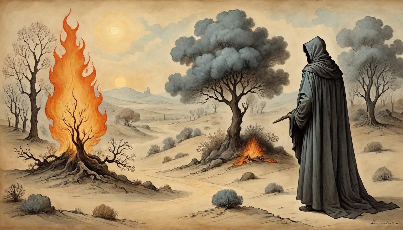  on parchment, surrealism+++, A desolate landscape, a figure wrapped in a cloak stands before a burning bush, the only source of light, landscape barren, bush intense with flame, divine solitude, revelatory stillness(mysterious, provocative, symbolic,muted color)+++