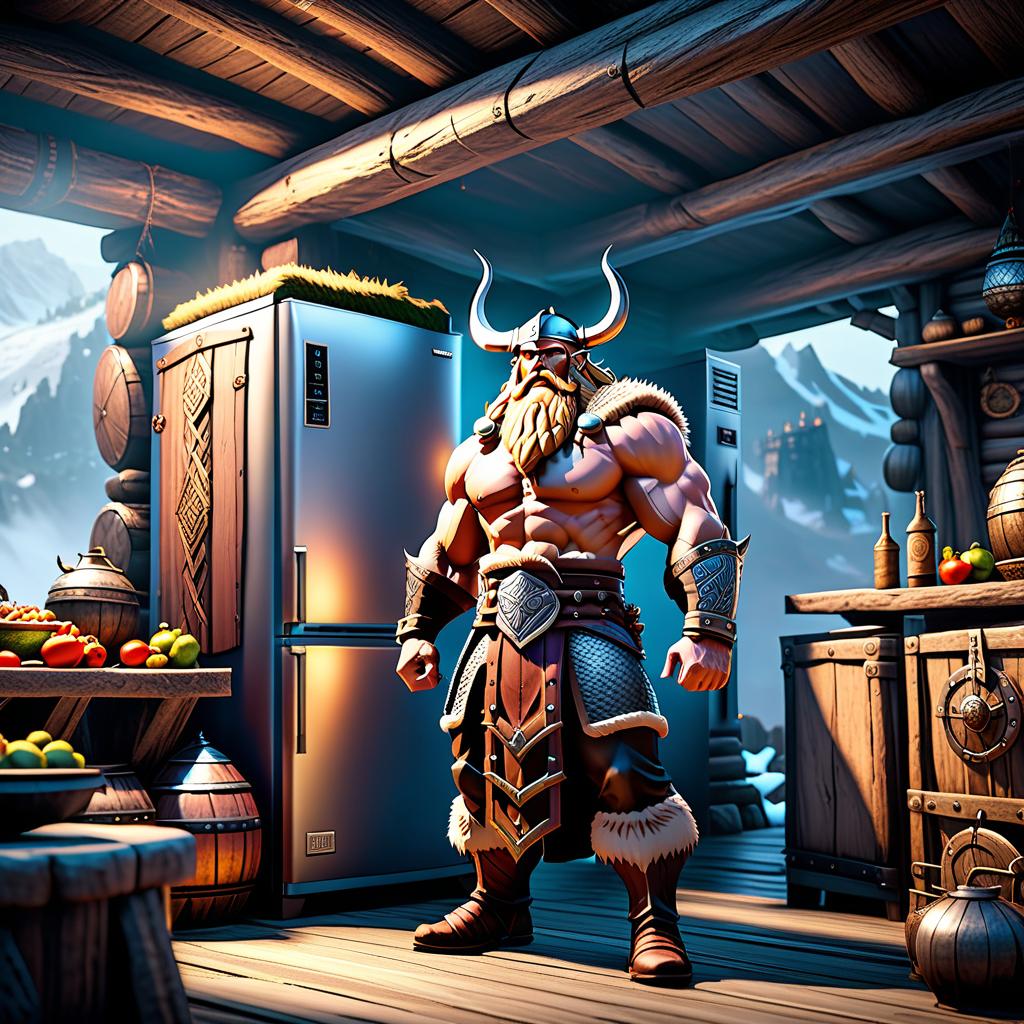  fighting game style A Viking giant stands next to a huge refrigerator, surrounding a Viking village . dynamic, vibrant, action packed, detailed character design, reminiscent of fighting video games hyperrealistic, full body, detailed clothing, highly detailed, cinematic lighting, stunningly beautiful, intricate, sharp focus, f/1. 8, 85mm, (centered image composition), (professionally color graded), ((bright soft diffused light)), volumetric fog, trending on instagram, trending on tumblr, HDR 4K, 8K