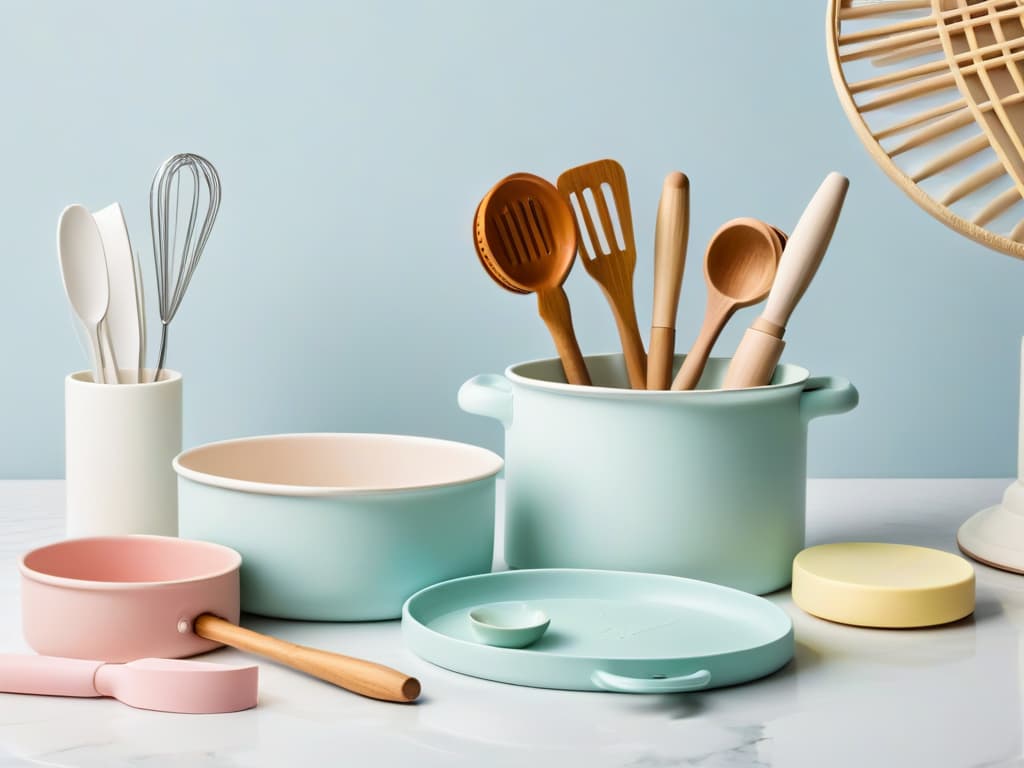  A sleek, minimalistic image featuring a set of pastelcolored baking utensils inspired by the retro designs of the 80s and 90s. The utensils include a rolling pin, whisk, measuring cups, and a mixing bowl, all arranged neatly on a marble countertop with soft, natural lighting accentuating their nostalgic yet modern aesthetic. The pastel hues of mint green, baby blue, and blush pink give a subtle pop of color against the neutral backdrop, evoking a sense of timeless charm and sophistication. Each utensil is meticulously crafted with a blend of vintage flair and contemporary elegance, embodying the essence of baking with style and sentimentality. hyperrealistic, full body, detailed clothing, highly detailed, cinematic lighting, stunningly beautiful, intricate, sharp focus, f/1. 8, 85mm, (centered image composition), (professionally color graded), ((bright soft diffused light)), volumetric fog, trending on instagram, trending on tumblr, HDR 4K, 8K