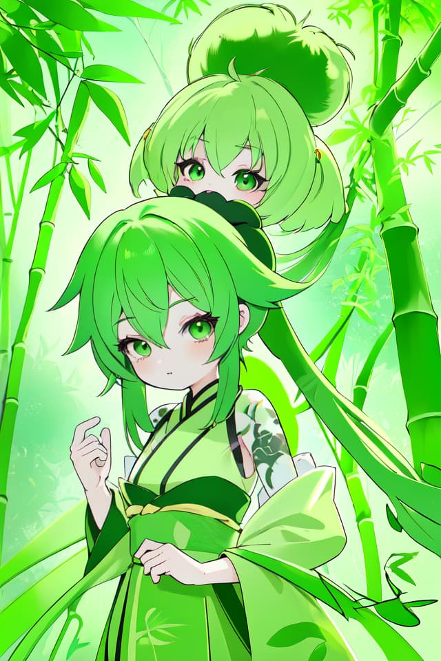  Green hair character bamboo thicket, high image quality, 4K, 8K, detailed details, detailed description