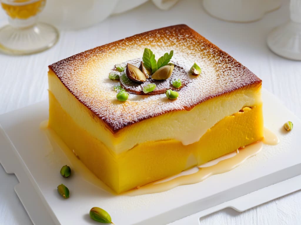  A minimaliststyle image featuring a closeup shot of Basbousa, a Middle Eastern sweet cake made from semolina, coconut, and syrup. The cake is beautifully garnished with crushed pistachios and a drizzle of honey, placed on a simple, elegant white plate. The texture of the semolina cake is highlighted, showcasing its goldenbrown color and moist crumb. The image captures the essence of this delectable dessert in a clean, sophisticated manner, perfect for a professional and informative article on Basbousa. hyperrealistic, full body, detailed clothing, highly detailed, cinematic lighting, stunningly beautiful, intricate, sharp focus, f/1. 8, 85mm, (centered image composition), (professionally color graded), ((bright soft diffused light)), volumetric fog, trending on instagram, trending on tumblr, HDR 4K, 8K