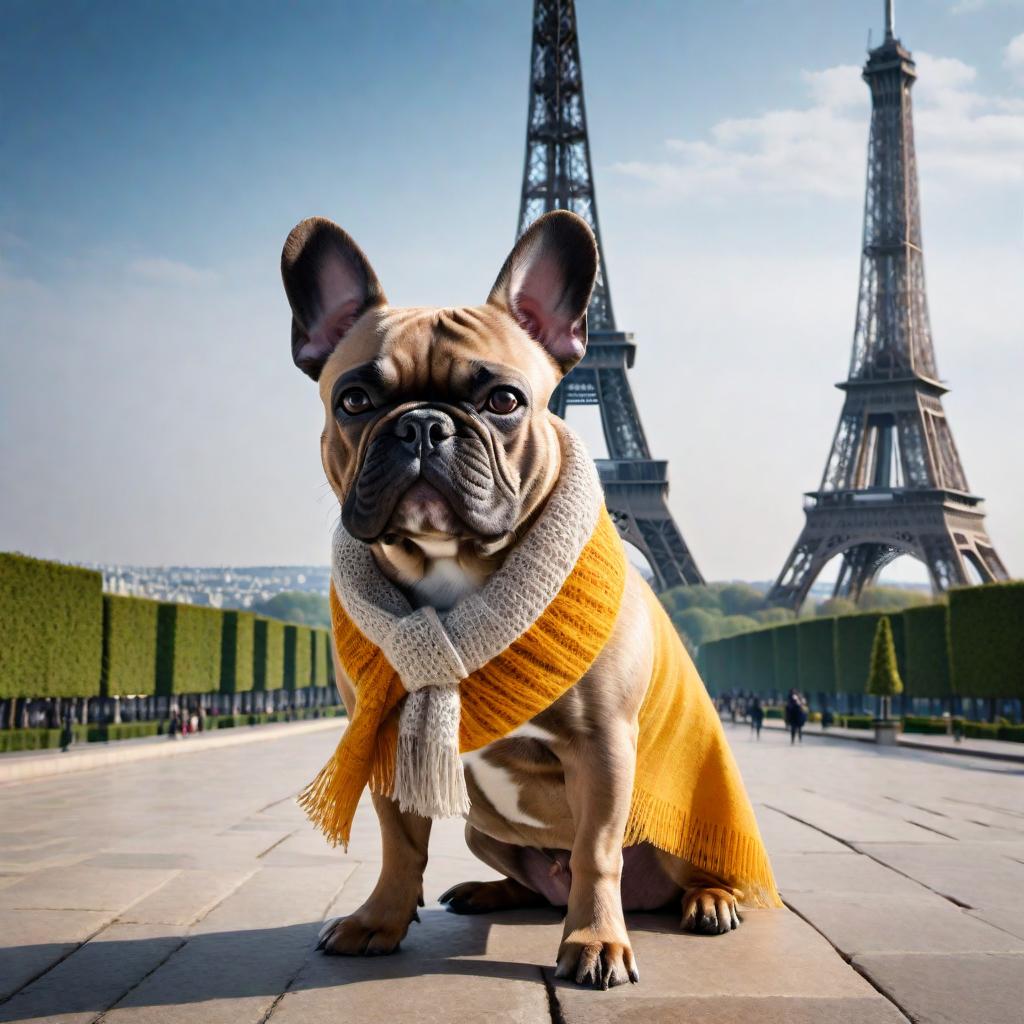  French bulldog wearing a scarf standing in front of the Eiffel Tower hyperrealistic, full body, detailed clothing, highly detailed, cinematic lighting, stunningly beautiful, intricate, sharp focus, f/1. 8, 85mm, (centered image composition), (professionally color graded), ((bright soft diffused light)), volumetric fog, trending on instagram, trending on tumblr, HDR 4K, 8K