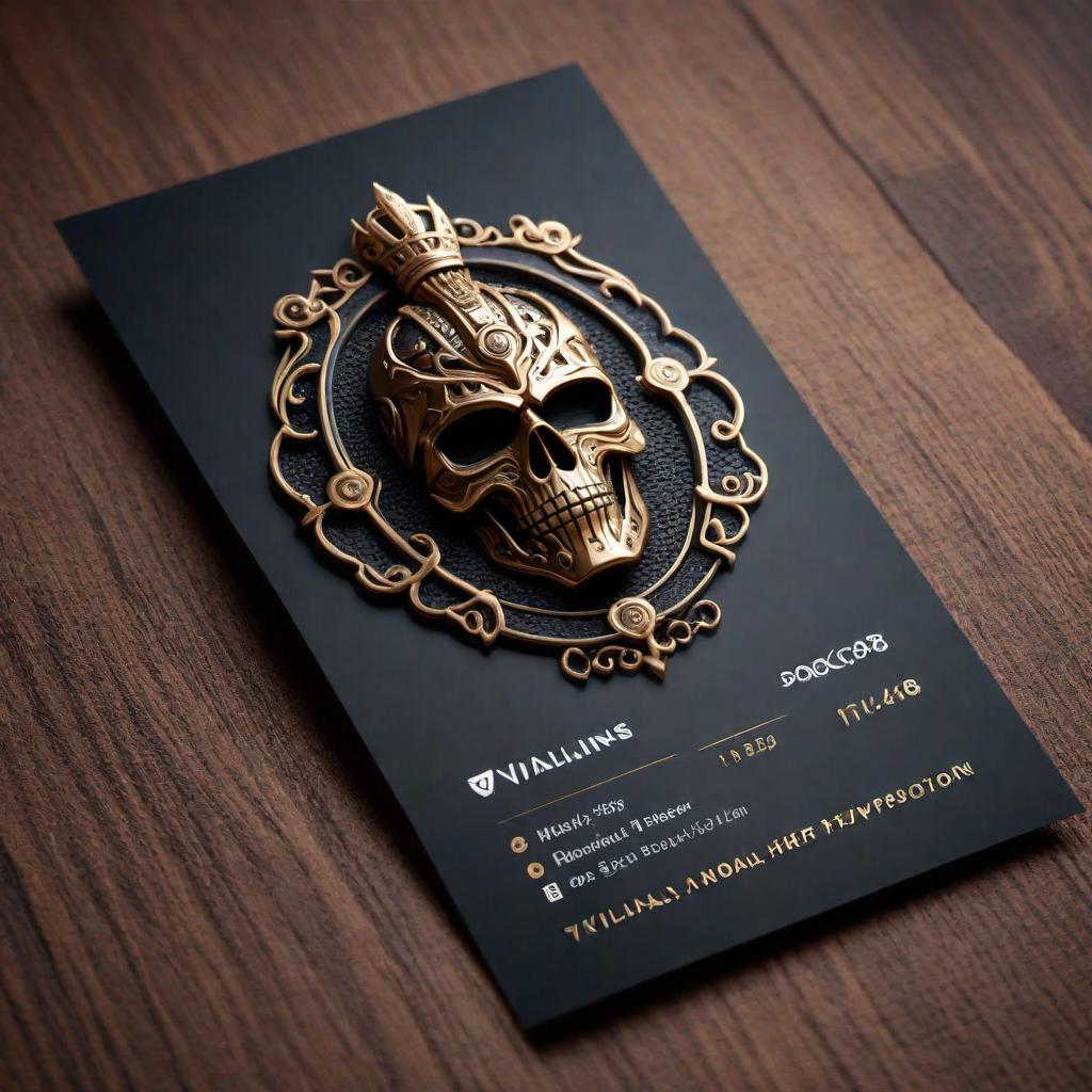  Ai Villains business card logo hyperrealistic, full body, detailed clothing, highly detailed, cinematic lighting, stunningly beautiful, intricate, sharp focus, f/1. 8, 85mm, (centered image composition), (professionally color graded), ((bright soft diffused light)), volumetric fog, trending on instagram, trending on tumblr, HDR 4K, 8K