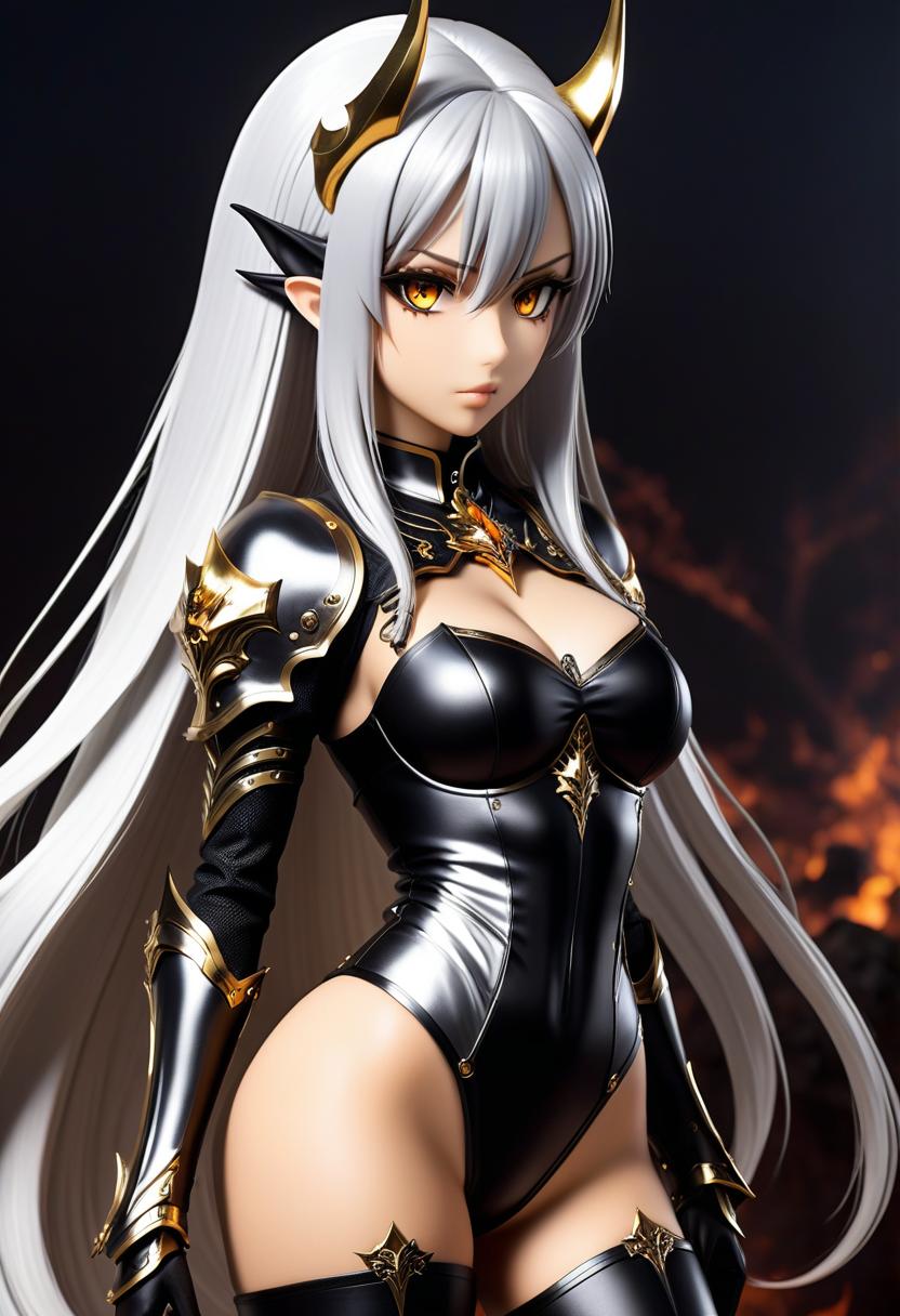  gothic style ((in detail)), ((masterpiece)), ((best quality)), ((Magnificent)), Breathtaking, Amazing, Anime, demonic creature(((full body))), born in the abyss of hell, a short and beautiful girl ((full height)), with brown skin, long silver hair, stern and hard gaze with golden eyes with vertical pupils, wears jet black open armor and helmet, half boots, long spear, moonlight, Night glow, Moon illumination, Moonlight, . dark, mysterious, haunting, dramatic, ornate, detailed hyperrealistic, full body, detailed clothing, highly detailed, cinematic lighting, stunningly beautiful, intricate, sharp focus, f/1. 8, 85mm, (centered image composition), (professionally color graded), ((bright soft diffused light)), volumetric fog, trending on instagram, trending on tumblr, HDR 4K, 8K